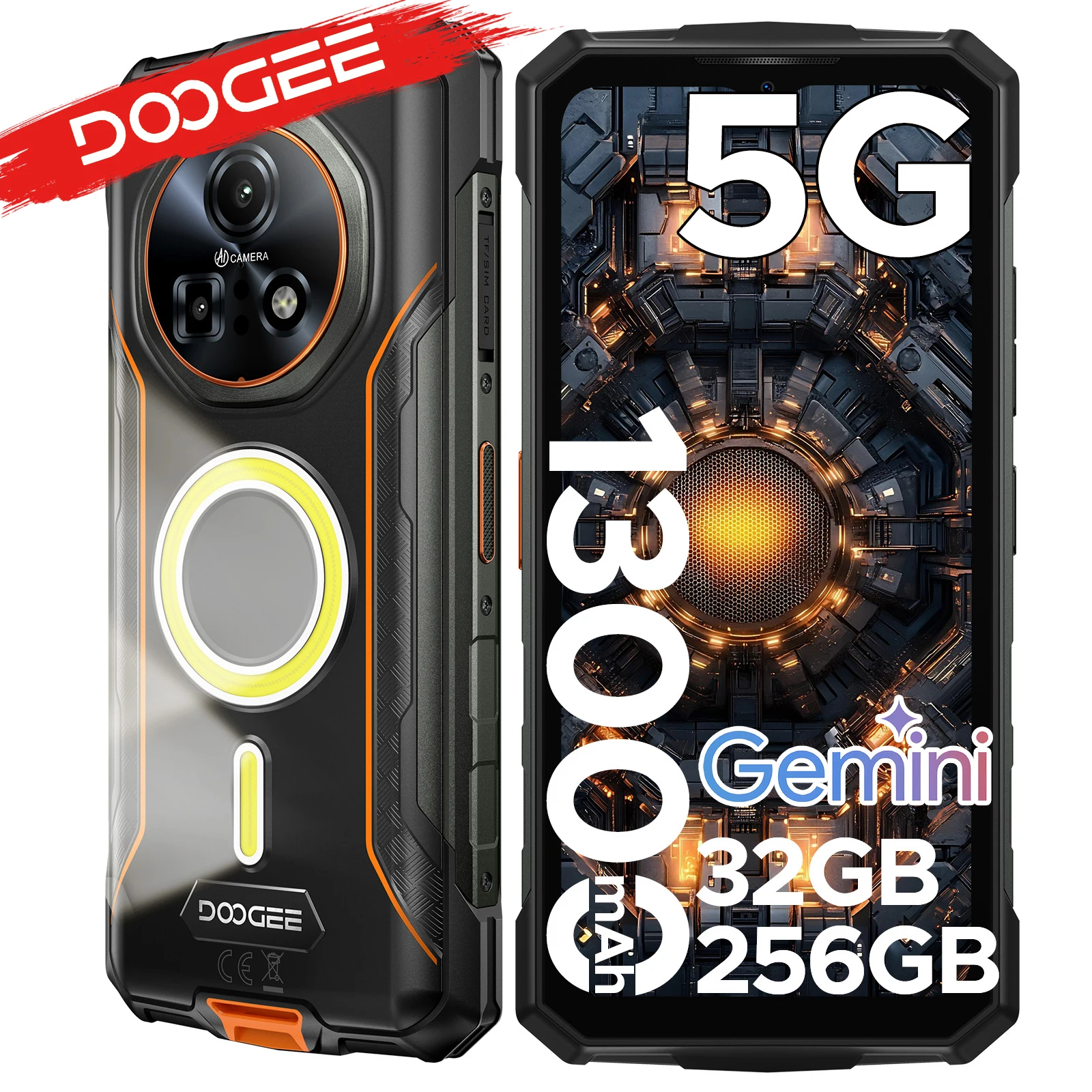 DOOGEE Fire 7 Pro 5G Handy Robustes Smartphone, doppelte Campingleuchten 1200LM, PoC-Unterstützung, 13000mAh Akku, 32 GB (8+24) RAM, 256 GB ROM, 6,6-Zoll Display, Android 15, Kamera mit Nachtversion Image