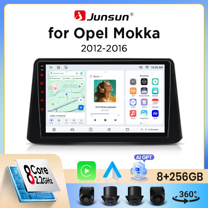 Junsun Wireless CarPlay Android Auto Autoradio für Opel Mokka (Mokka X) 2012-2019 mit integriertem Lüfter, Android GPS-Navigation, Multimedia-Player, WiFi, DSP, RDS, BT, SWC, IPS-Touchscreen, Autoradio, Videoplayer, Head Unit, Stereo Image
