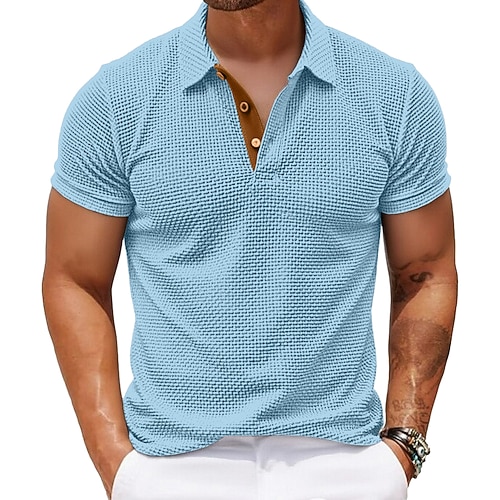 Herren Polohemd aus Eisseide-Seersucker Textur Lässig Arbeit Revers Kurzarm Basic Modern Einfach Knöpfe Atmungsaktiv Frühling Sommer Blau Schwarz Weiß Marineblau Himmelblau Grau Polohemd aus Image