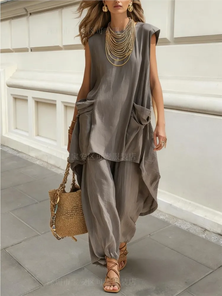 Completi Estivi da Donna a Due Pezzi, Top Lungo Senza Maniche con Grandi Tasche e Pantaloni a Gamba Larga, Tinta Unita, Casual per Vacanze