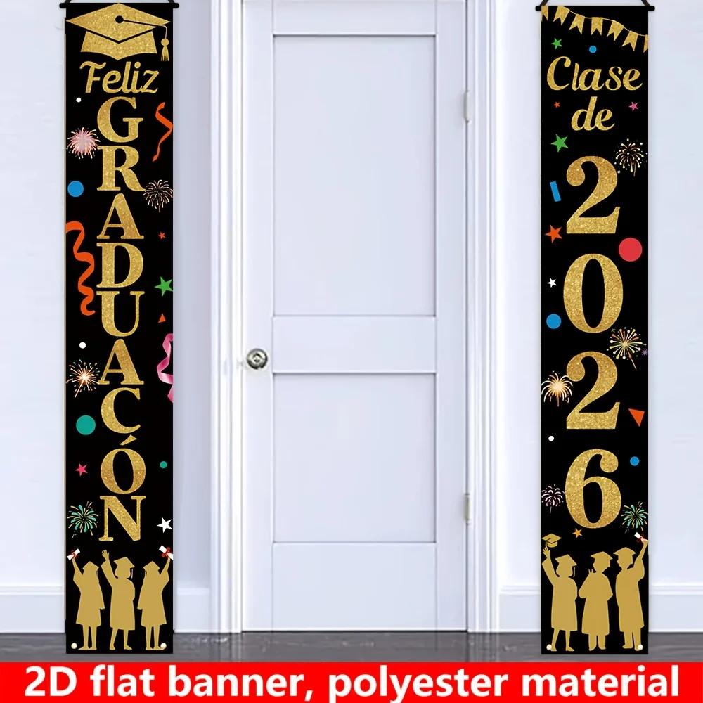 2D-Flaggenbanner, 2 Stück, 2026, spanischer Stil, Veranda-Banner für den Abschluss, 71 x 12 Zoll, Polyester-Dekoration für die Haustür, Zuhause, im Freien, Abschlussfeier Image