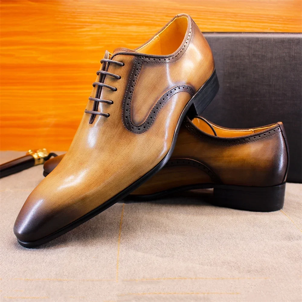 Herren-Kleiderschuhe aus echtem Leder, Schwarz, Khaki, Oxford-Anzug, Schuhe, elegant, formell, Business, Hochzeit, Party, Vintage, handgefertigt