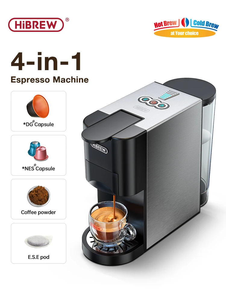 HiBREW Kaffeemaschine 4in1 Mehrere Kapsel Espresso Dolce Milk Nes ESE Pod Pulver Kaffeemaschine Edelstahl Metall H3D Image