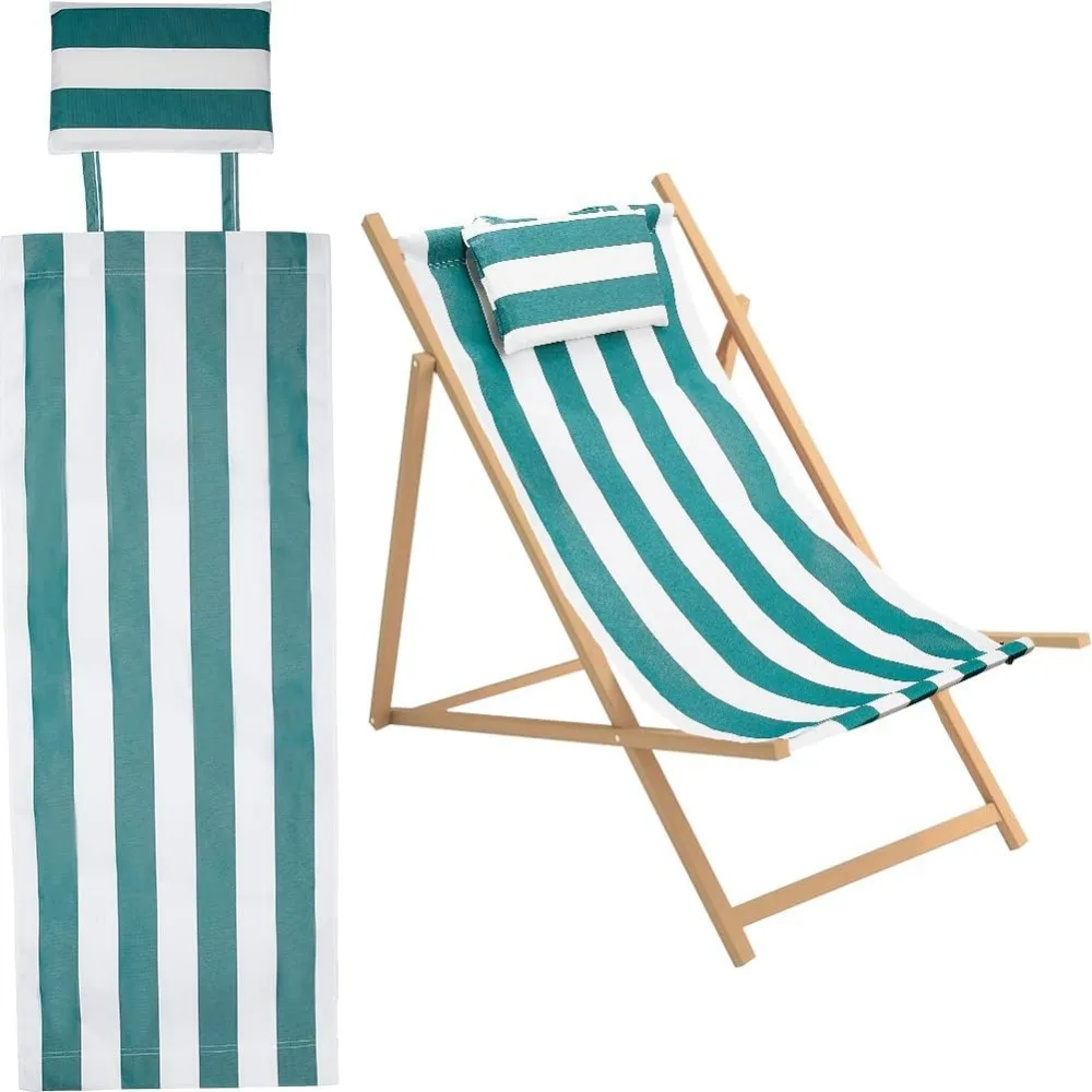 Strand-Sling-Stuhl aus Segeltuch mit Kissen, 44 x 17 cm, grüne und weiße Streifen, lässiger Lounge-Stuhl, Ersatz-Leinwand, für den Außenbereich, zusammenklappbar Image