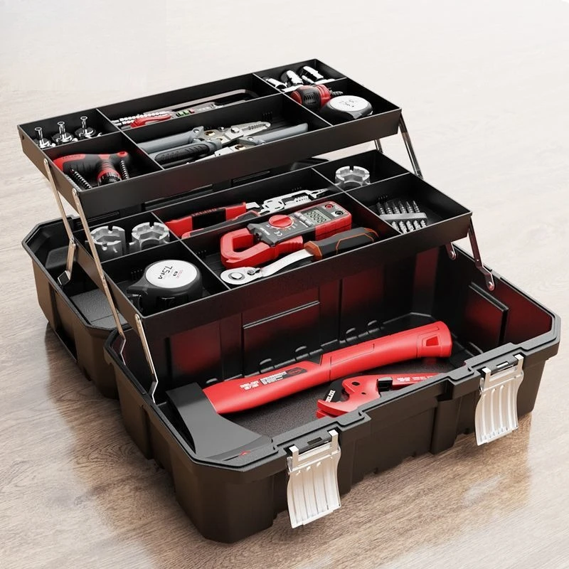 Coffret d'outils de qualité industrielle, robuste, pour le rangement à domicile, boîte à outils pliable à trois niveaux, coffre à outils, mallette à outils