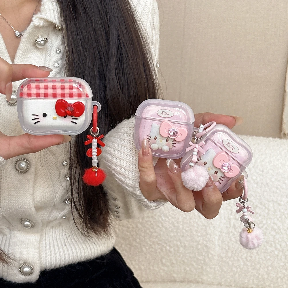 Niedliche Cartoon Sanrio Hello Kitty Schleifen-Kopfhörerhülle für Airpods 1 2 3 4 Pro 2 3 Kabellose Bluetooth-Kopfhörer Hartschutz-Cover Image