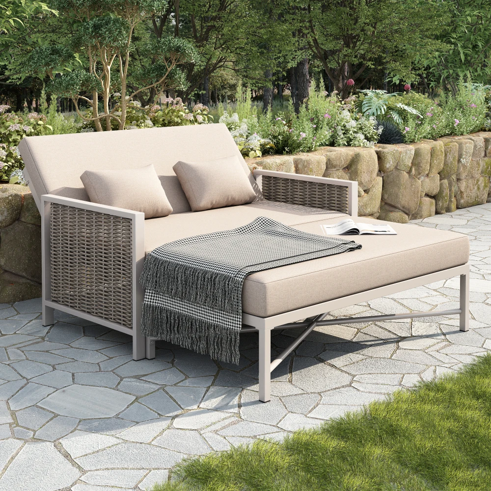 PINGGO 2-Personen Garten-Sofa Lounge-Sofa Outdoor-Liegebett Verstellbare Rückenlehne (5 Stufen 0-65°) ° Ausziehbare Fußstütze