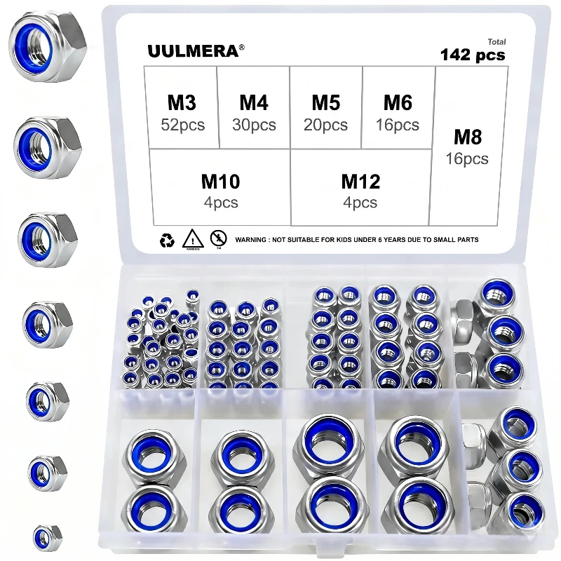 142-teiliges DIN985 Nylon-Einsatz-Sicherungsmuttern-Set M3-M12, 304 Edelstahl Sechskant-Nylock-Muttern-Sortiment, Rutschfeste Befestigungselemente Image