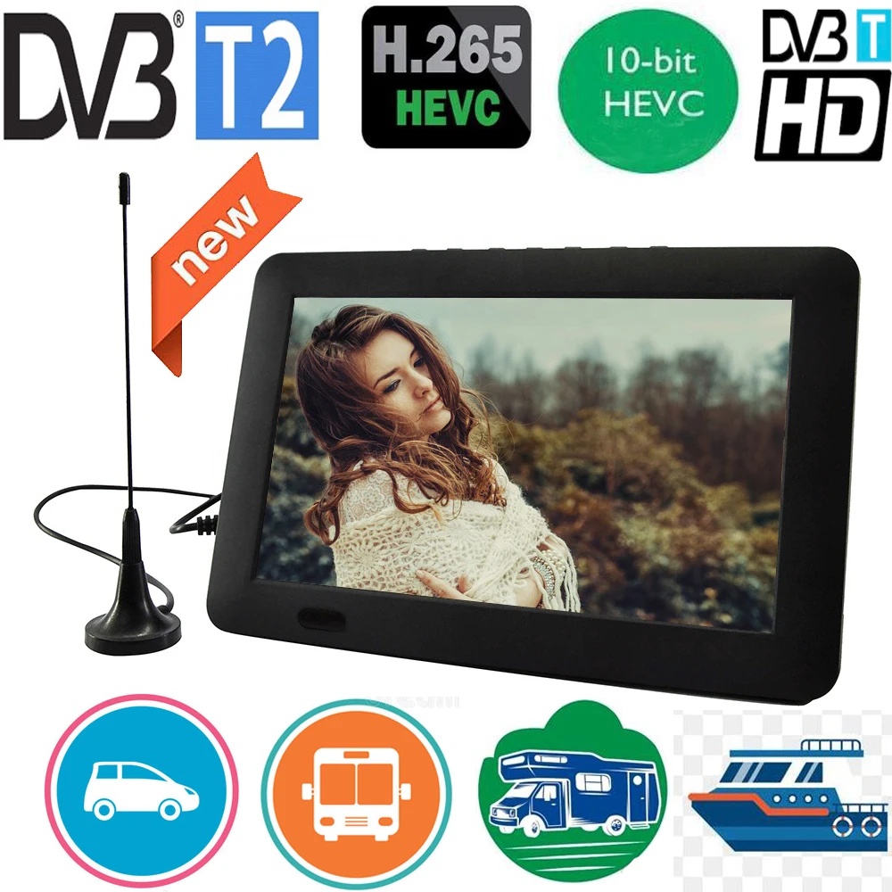 Wiederaufladbarer Leadstar D9 9-Zoll-tragbarer Fernseher mit DVB-T2 ISDBT ATSC Hevc 10Bit 16:9 800*480 HD-Digital-Mini-Fernseher für Zuhause, Auto Image
