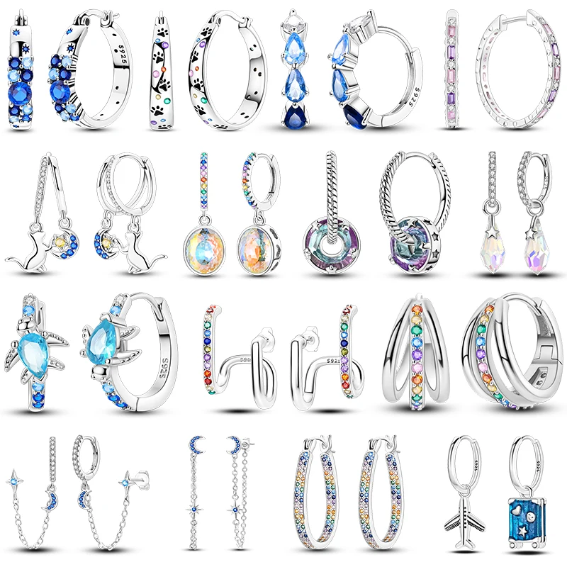 925 Sterling Silber Bunte CZ Creolen für Damen Regenbogen Kristall Katze Mond Stern Reise Ohrhänger Trendiger Schmuck Image