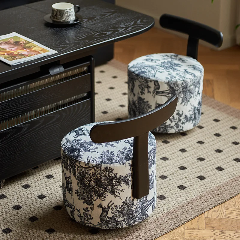 Massivholz-Hocker mit Rückenlehne, runder Schuhhocker für den Eingangsbereich, Mid-Century Modern mit Rollen, Akzentsitz, kompaktes Wohnzimmermöbel