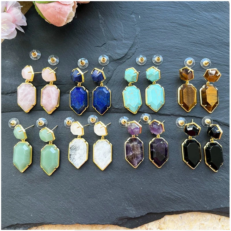 18X45mm Damen Ohrstecker Geometrische Edelsteine Schmuck Doppelseitig Facettierte HexagSword Spitze auf Naturstein Labradorit Ohrring Image