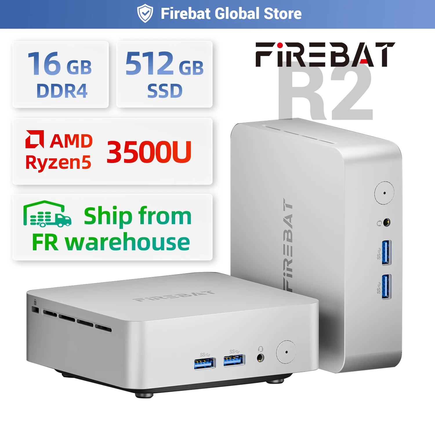 FIREBAT R2 Mini-PC AMD Ryzen 5 3500U (Beats N150) 16 GB RAM 512 GB SSD Dual-Speicher-Solid-State-Schnittstelle WIFI6 BT5.2 Dual 4k Image