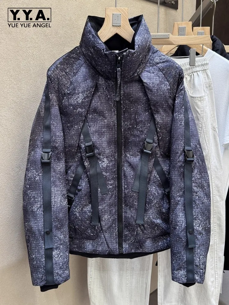 Persönlichkeit Herren Daunenmantel Stehkragen Lose Fit Winter Warme Casual Oberbekleidung Hip Hop Streetwear Mode Gedruckt Plaid Jacke