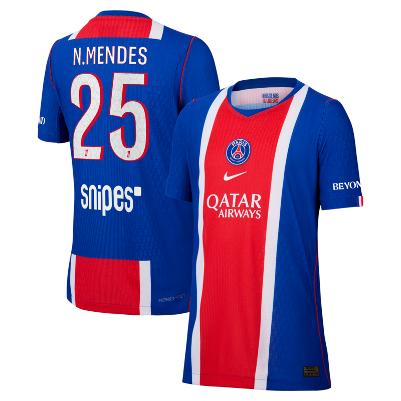 Maillot Domicile Match PSG Nike Aero-FIT 26/27 - Enfant avec flocage N.Mendes 25