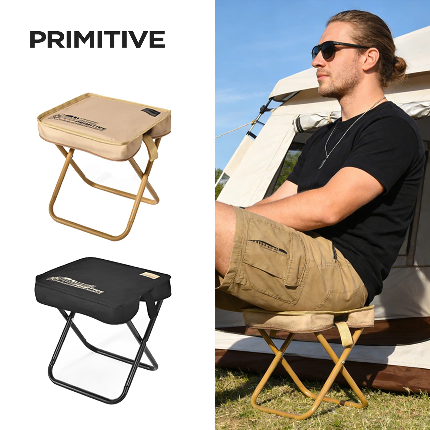 PRIMITIVE Campinghocker Leichter Zusammenklappbarer Taschenstuhl Tragbarer Faltbarer Rucksackhocker Kompakter Outdoor-Angelhocker