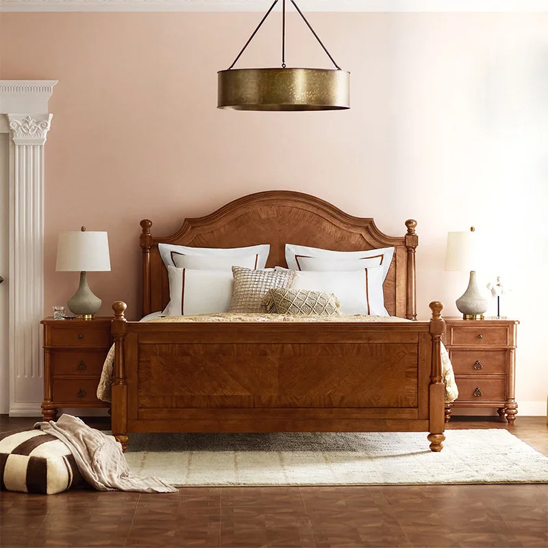 Amerikanisches Bett, leichtes Luxusbett aus Massivholz, französisches Retro-Landhausbett aus Eiche, 1,8 Meter großes Doppelbett, nordisch schlicht Image