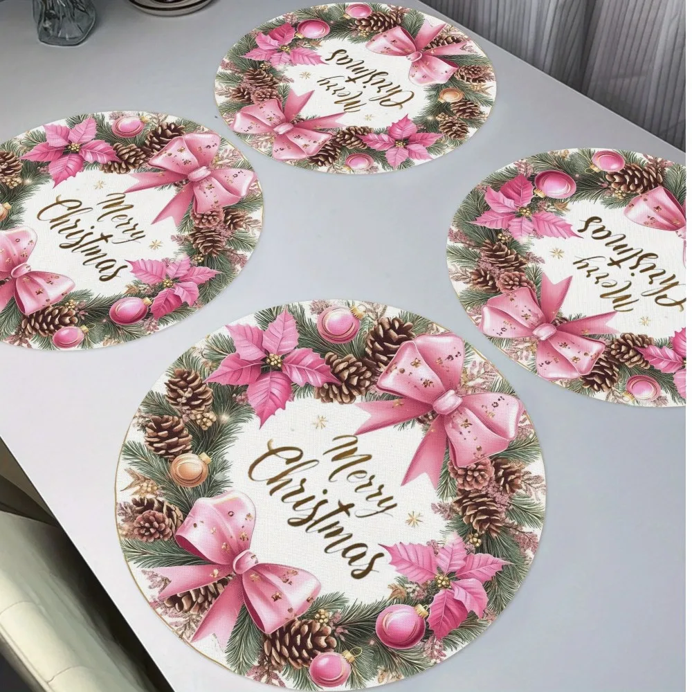 VIKAMA Weihnachts-Tischset-Set, waschbar, hitzebeständig, erstklassiger Blumenkranz mit roten Tannenzapfen, Esstisch-Heimdekoration Image
