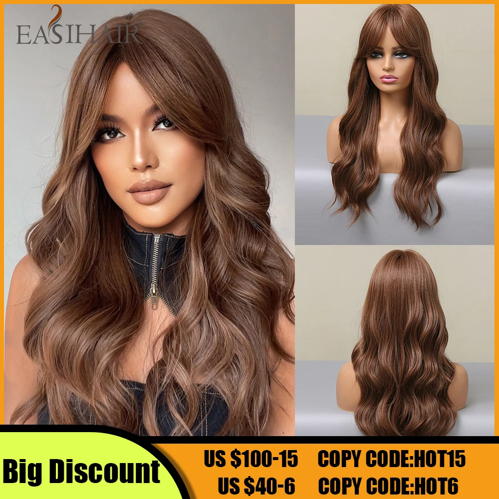 EASIHAIR Lange gewellte kastanienbraune synthetische Perücken mit langem Pony für Frauen, Cosplay, Naturhaar-Perücke, hitzebeständige Faserperücke Image