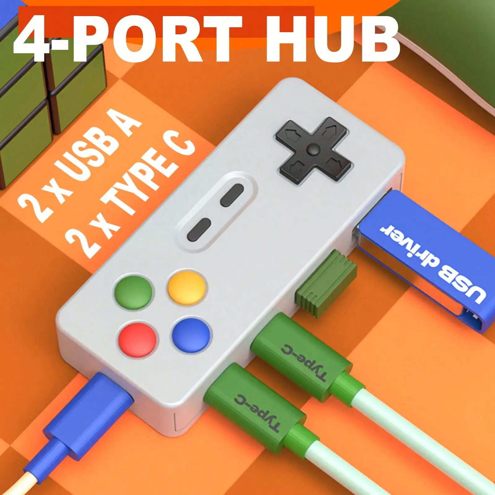 Stilvoller USB-Hub im Cartoon-Stil, 1-zu-4-Splitter in Form eines Game-Controllers, 2 USB- und 2 Typ-C-Anschlüsse, leicht und praktisch Image