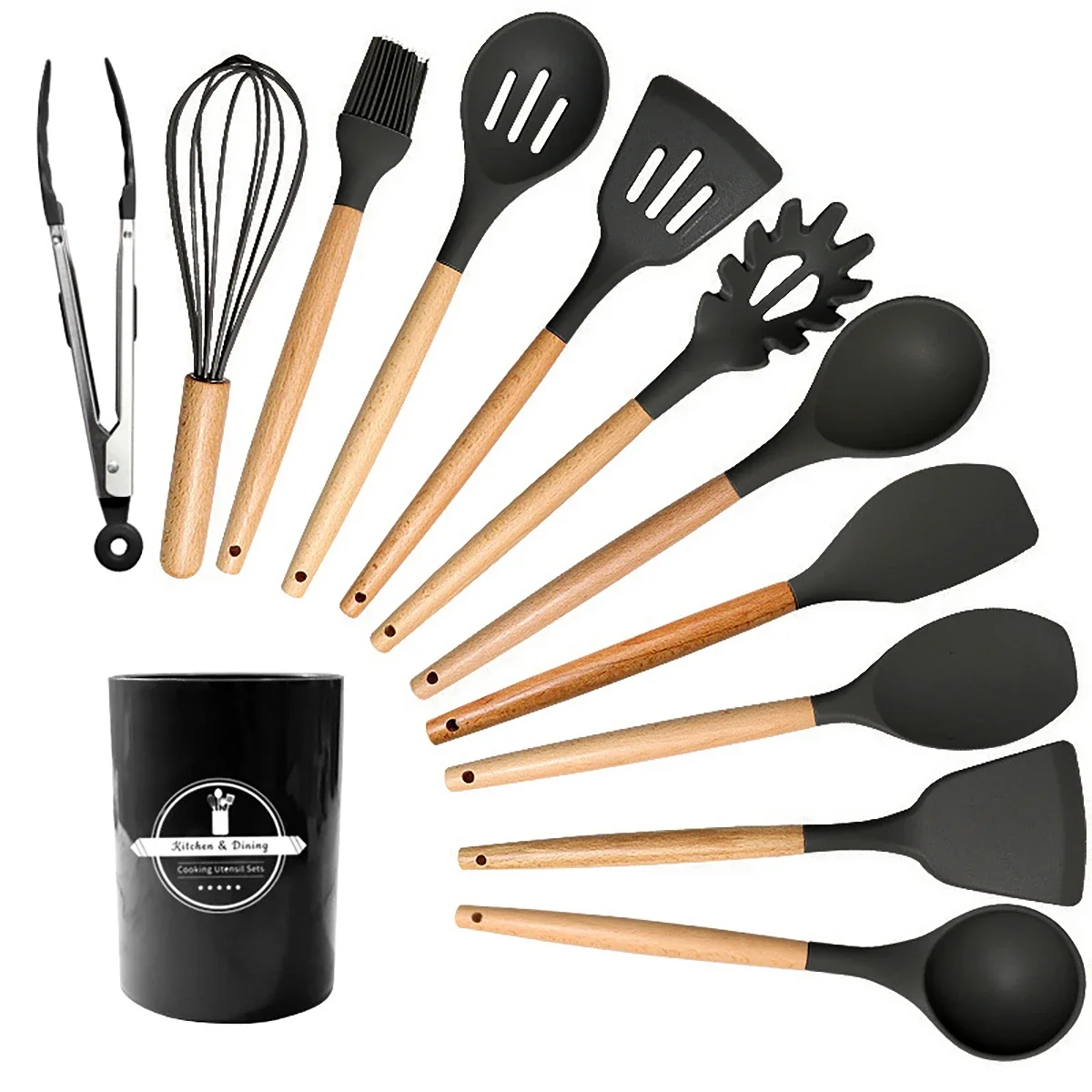 12-teiliges Silikon-Kochutensilien-Set für Antihaft-Kochgeschirr, schwarze Küche, Küche, Outils, Kochgeschirr, hitzebeständiges Zubehör Image