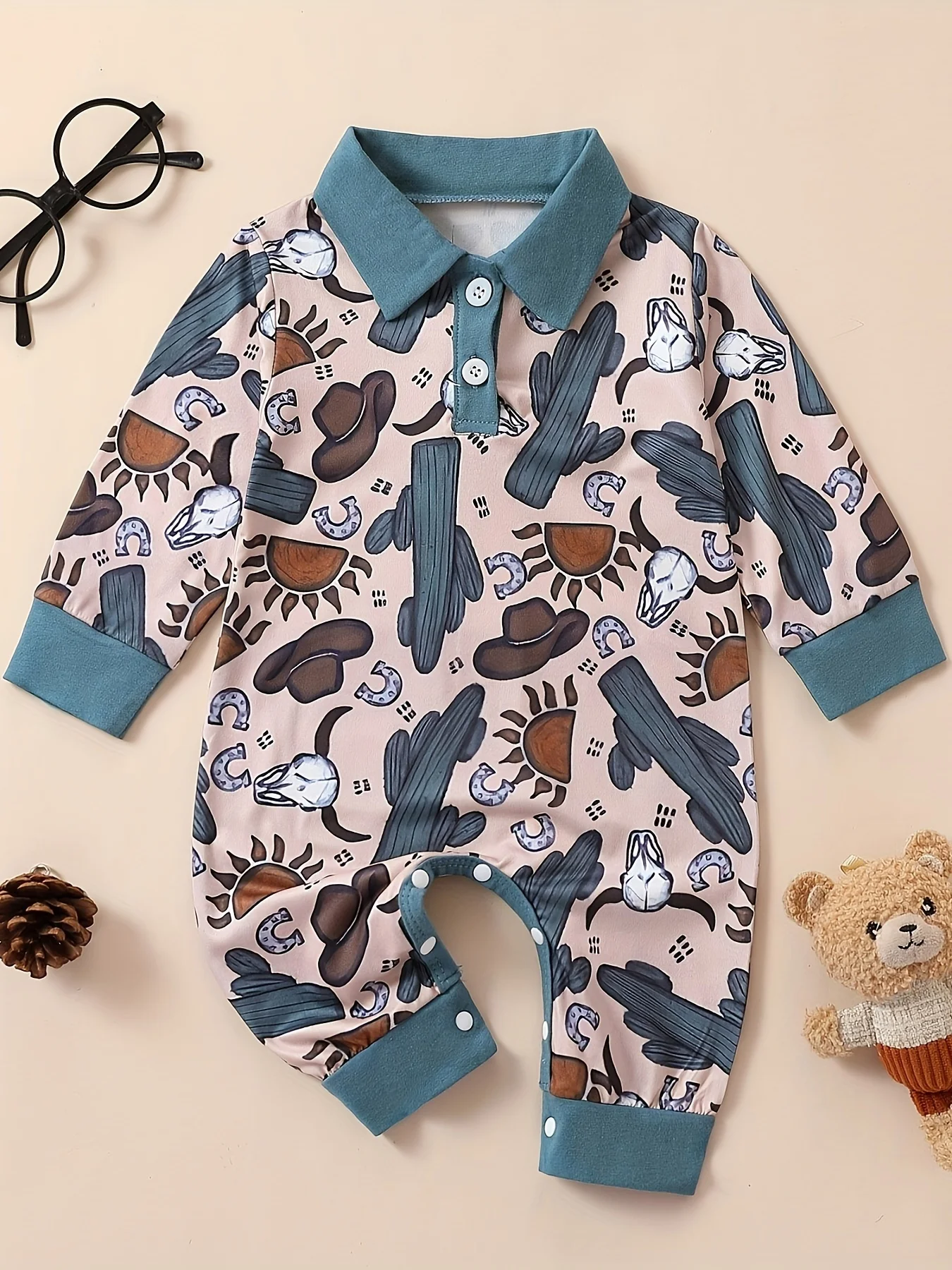 Langarm-Einteiler für Babys mit Kaktus-Wüsten-Aufdruck, Säuglingskleidung, Strampler für Kleinkinder Image
