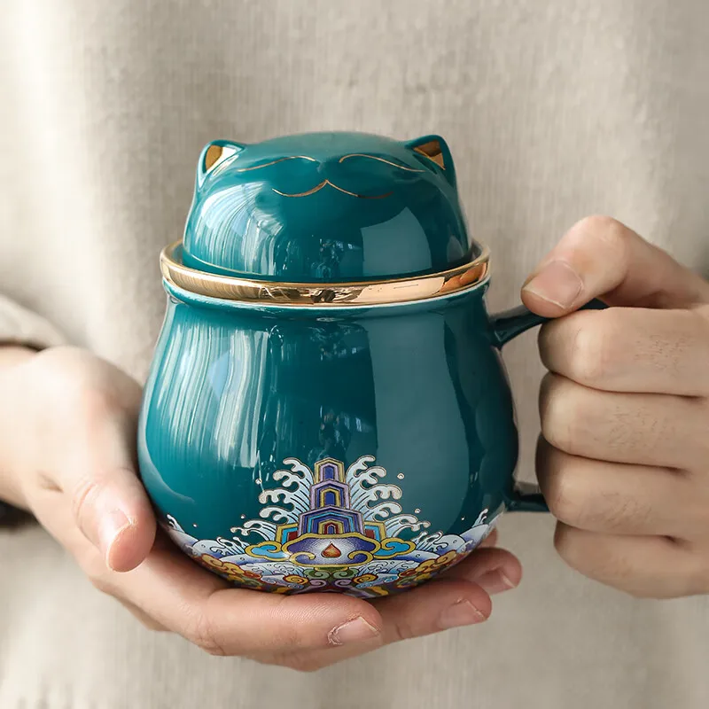 Glückskatze Keramik Bürotasse Tee-Wasser-Trenntasse mit Deckel Filter-Teetasse Kaffeetasse in Tierform Image