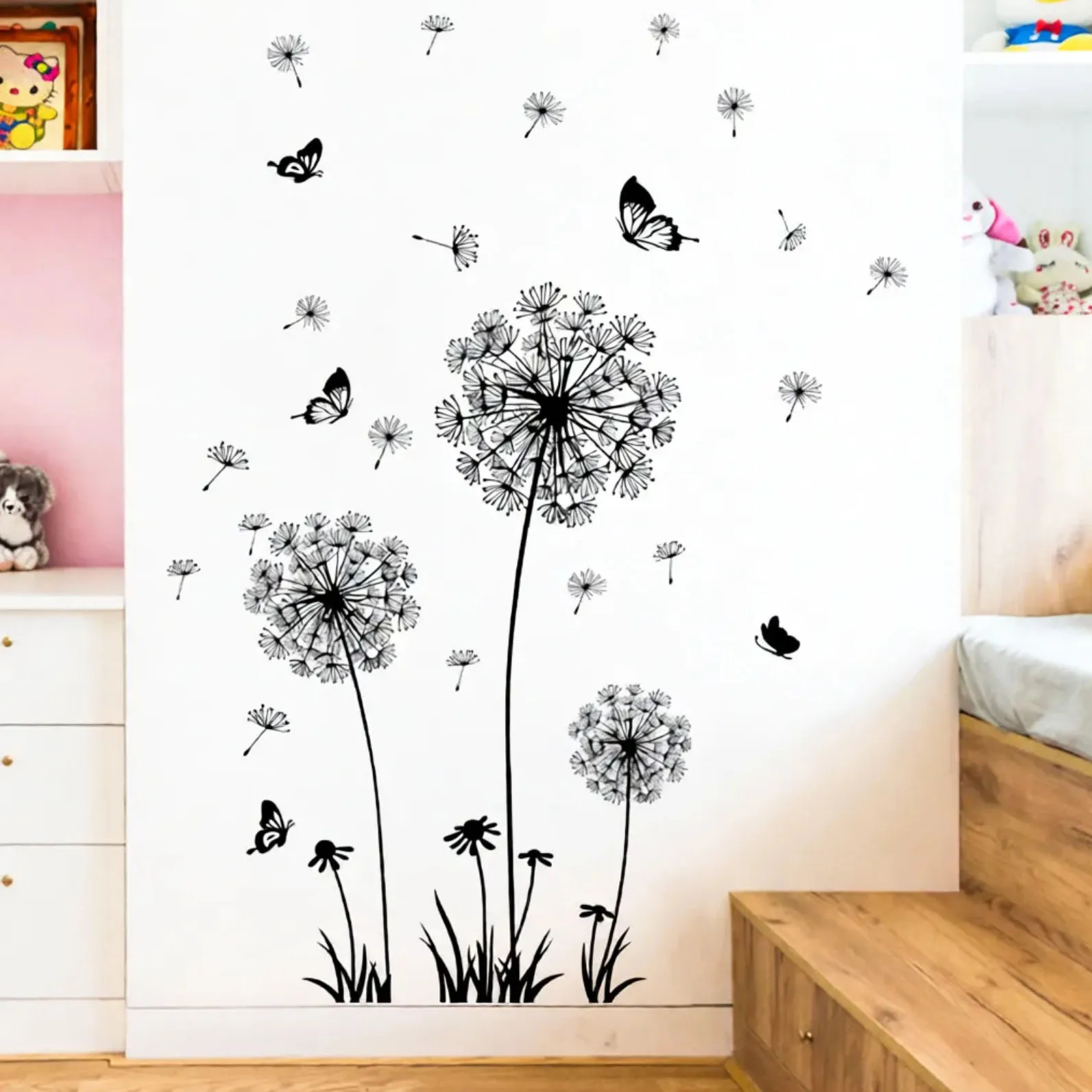 1 Stück, schwarzer romantischer Löwenzahn-Wandaufkleber, Wandaufkleber für Zimmer, Wohnzimmer, Schlafzimmer, Hintergrund, Wanddekoration, selbstklebend D Image