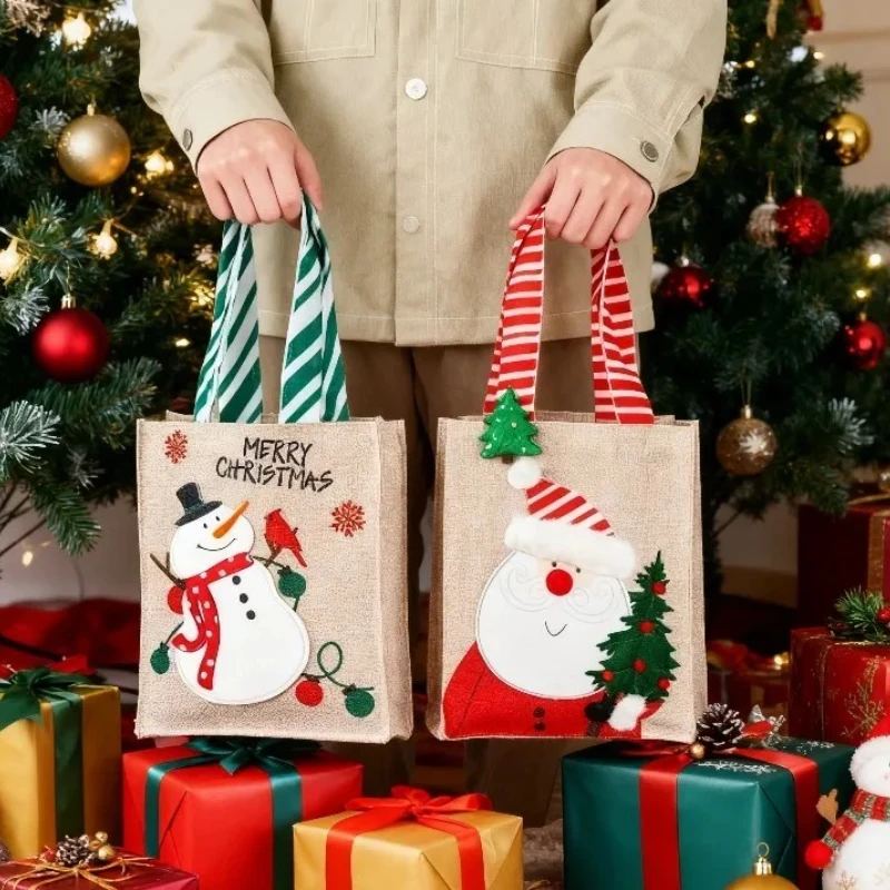 1–10 Stück Weihnachts-Sackleinen-Geschenktüten, Weihnachtsmann-Schneemann-Design, tragbare Süßigkeitentüten für Feiertage, Partys, Gastgeschenke und Dekorationen Image