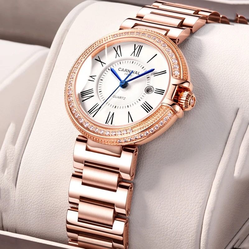 KARNEVAL Luxus Marke Diamant Lünette Rose Gold Uhren Für Frauen Blau Zeiger Quarz Mode Damen Armbanduhr Relogio Image