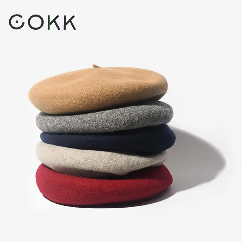 COKK Wolle Baskenmütze Weibliche Winter Hüte Für Frauen Flache Kappe Stricken 100% Kaschmir Hüte Dame Mädchen Berets Hut Weibliche Knochen tocas Maler Hut Image