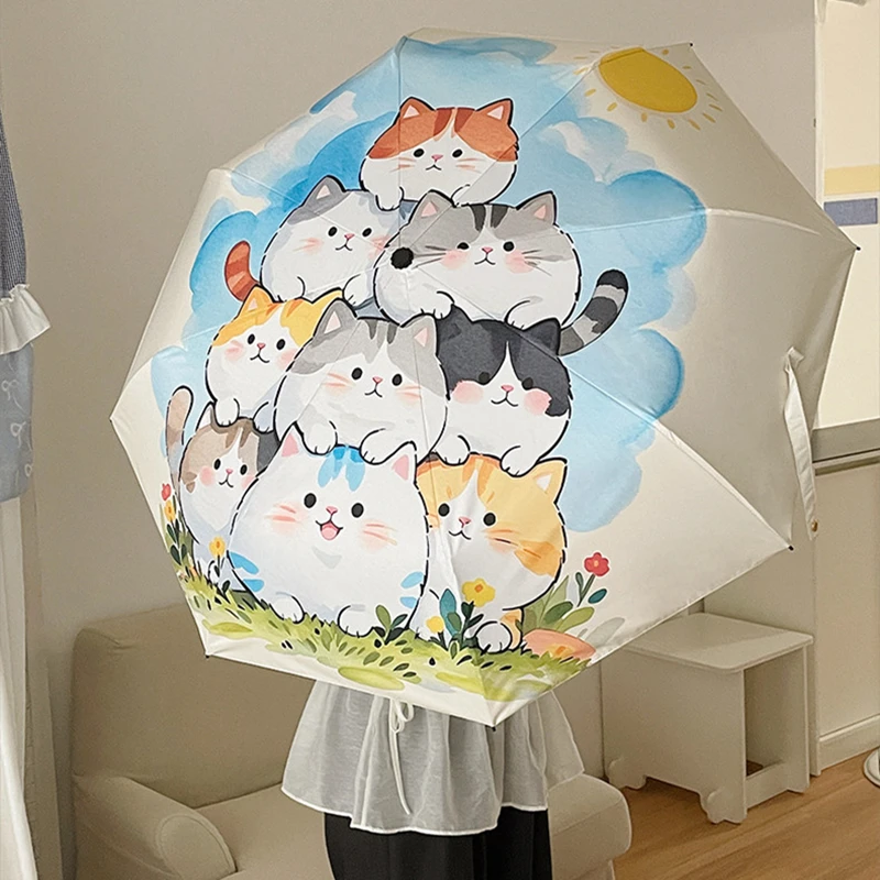 Kinder-Regenschirm, Cartoon-Katze, faltbarer Regenschirm, vollautomatischer Regenschirm für Kinder, sonniger und regnerischer Regenschirm, tragbarer Regenschirm für Damen