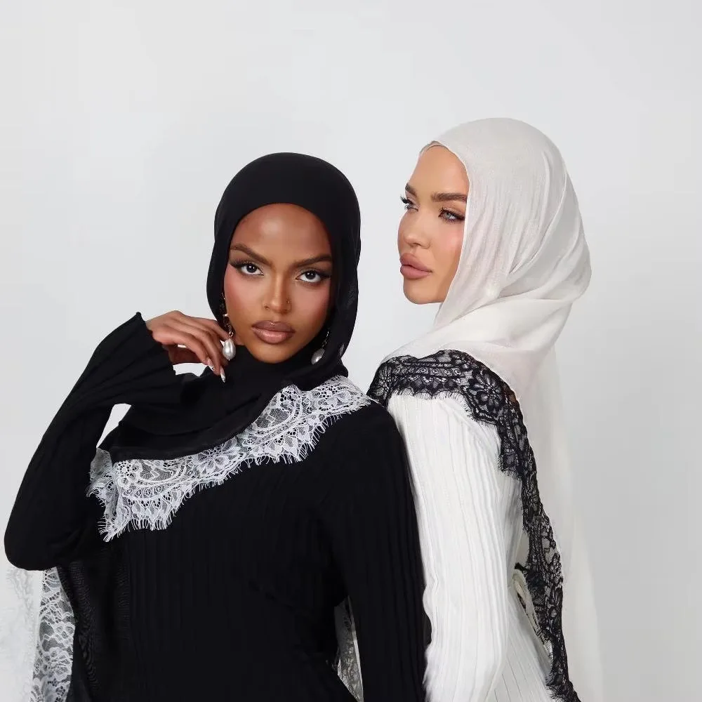 UNITIM Spitzen-L-Kanten-Spleiß-Turban Atmungsaktiver Schal Muslimische Frauen Hijab Schal Islamischer Kopftuch Weibliche Muslimische Kopfbedeckungen Schals Image
