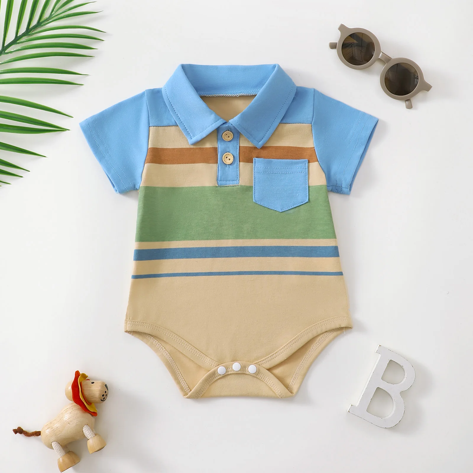 Baby Boy Sommer Kurzarm Farbblock Dreieck Strampler Onesie für Kleinkinder Image