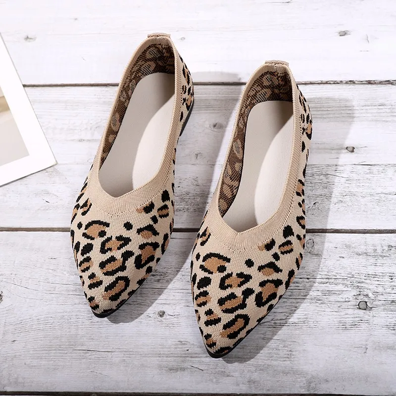 Elegante Hahnentritt Gestrickte Ballerinas Frau Punkt Zehe Mesh Mokassins Damen Große Größe Leopard Loafers Weiche Fahren Schuhe