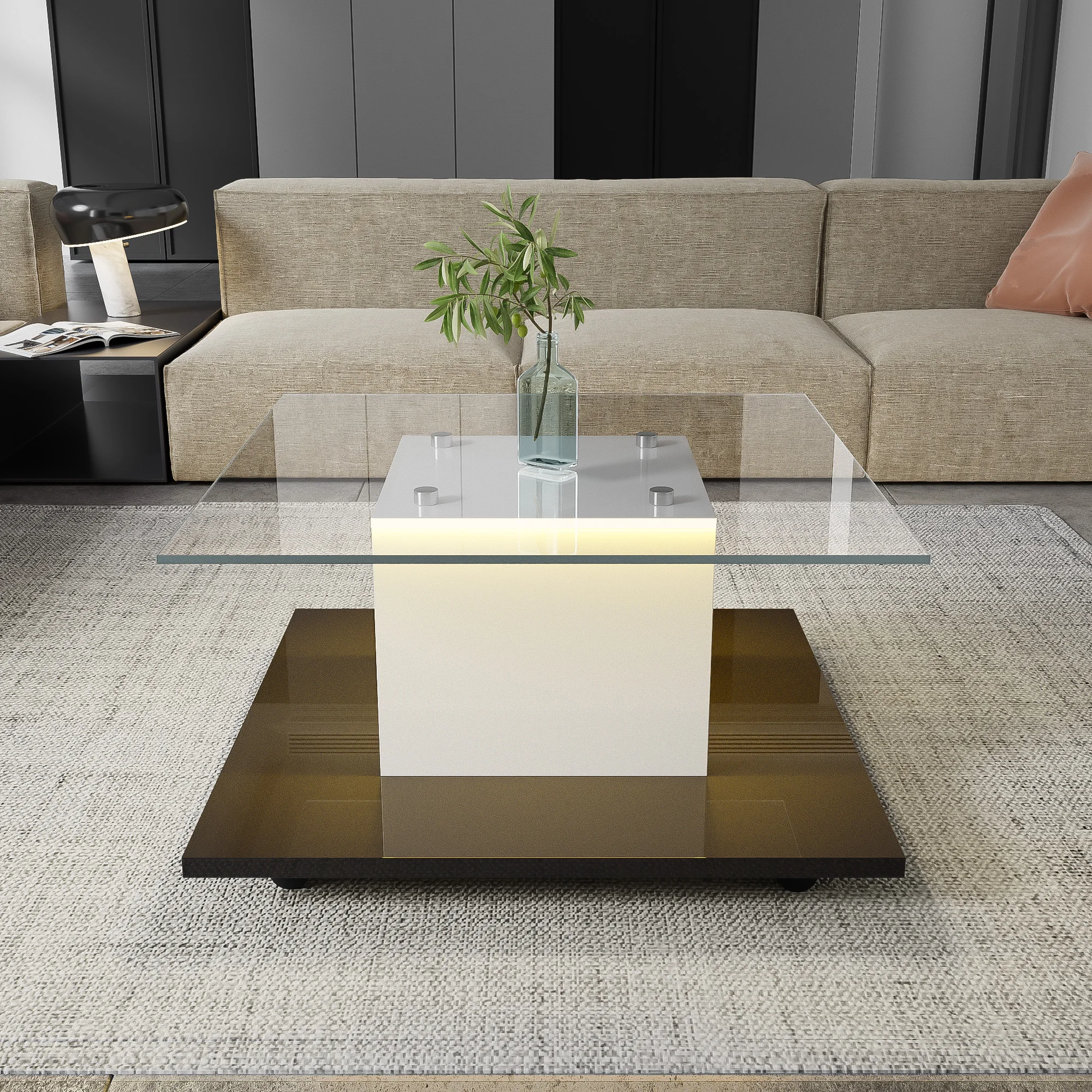 PINGGO Couchtisch Hochglanz-Glas Couchtisch Mobiler Couchtisch Mit Schwenkrädern
