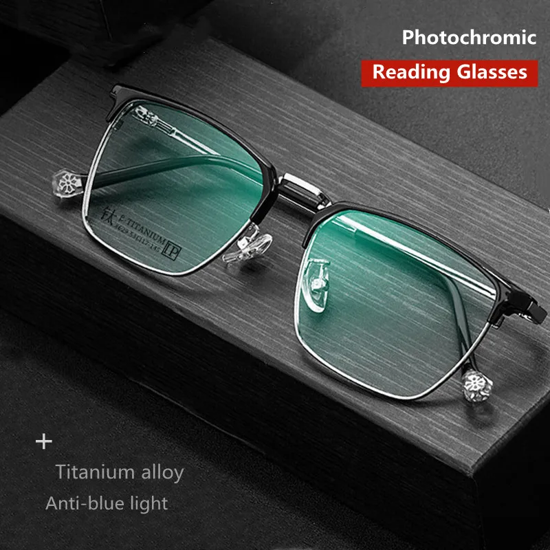 Anti Blau Licht Reinem Titan Ultra-Licht Lesebrille Männer Marke Design Quadratischen Rahmen Photochrome CR-39 Harz Linsen + 1,5 2,0