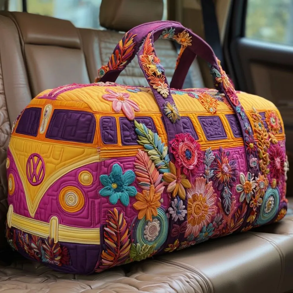 Hippie Journey Gesteppte Reisetasche Vintage Blumenmuster Hippie Van Reisetasche Boho Reisetaschen Übernachtungstasche Sporttasche