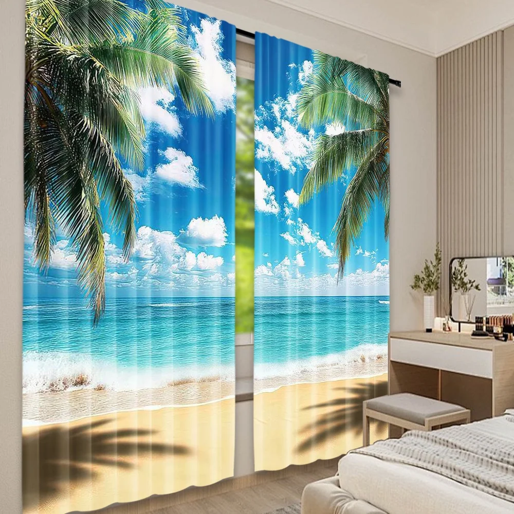 2 Stück Tropischer Strandvorhang mit Palmen- und Ozeanmuster, Verdunkelungsvorhang für Schlafzimmer und Wohnzimmer, Thermovorhang für Sommerurlaub-Dekoration Image