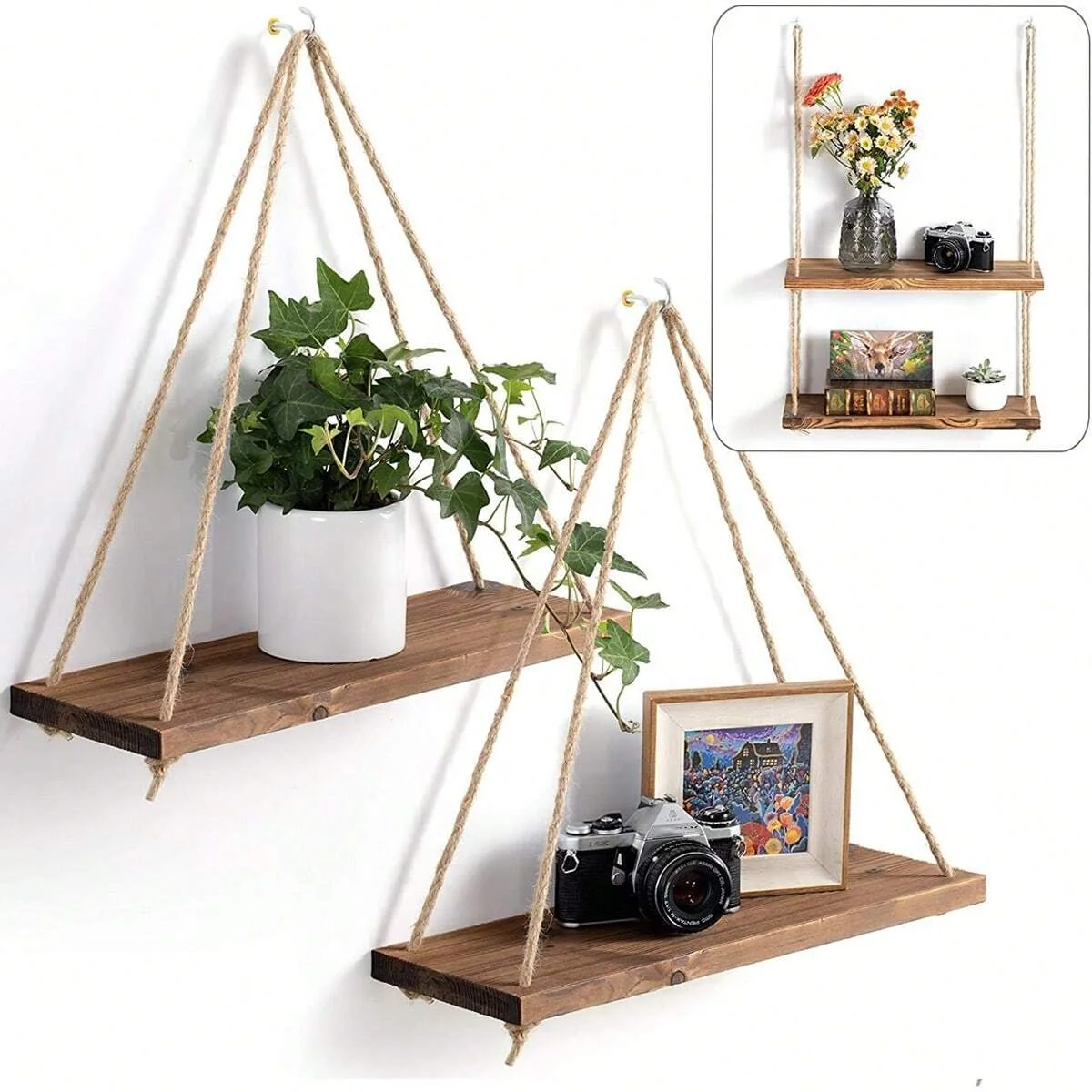 1 Stück Wand dekoration hängendes Seil Blumentopf Lager regal Wandbehang Holz Lager regal, hängende Dekoration, Heim dekoration Image
