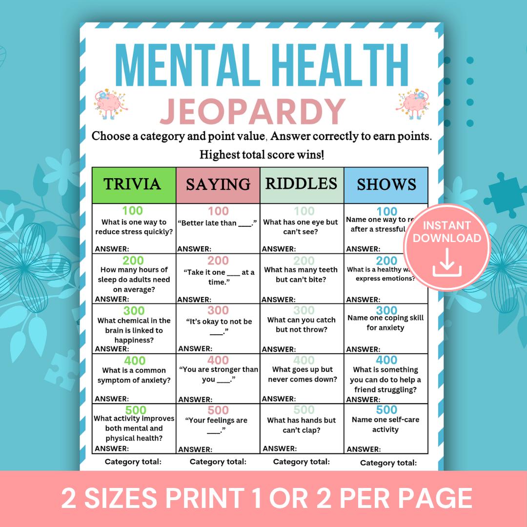 Gioco Jeopardy sulla salute mentale stampabile, gioco a quiz sul benessere, attività di gruppo terapeutico, gioco sulla salute mentale in classe, romp