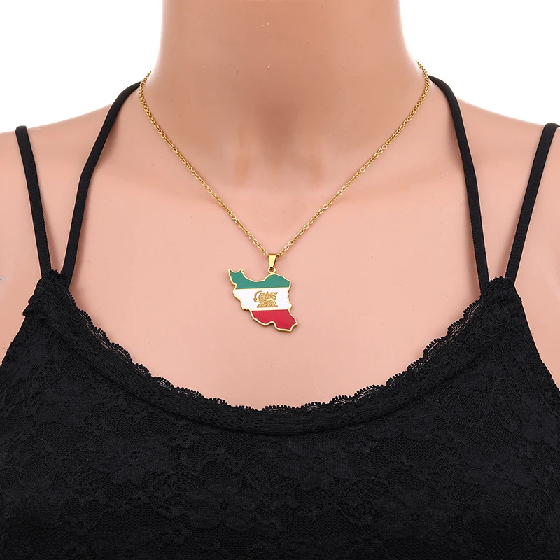 Modische Löwen-Sonnen-Iran-Flaggen-Anhänger-Halsketten aus Edelstahl für Herren und Damen – Goldfarbener iranischer Ethno-Schmuck als Geschenk Image