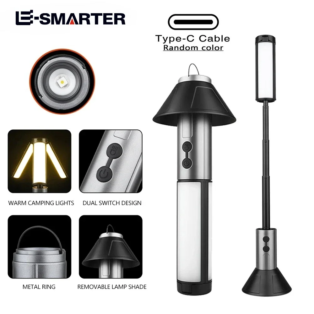 Wiederaufladbare Teleskop-Multifunktions-Campinglampe 2-in-1 Campinglaterne Taschenlampe mit Haken Outdoor-Notfall-Arbeitsleuchte