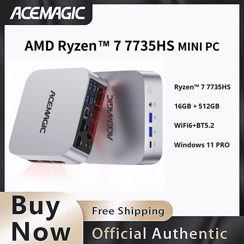 AMD Ryzen 7 7735HS Mini-PC 16GB LPDDR5 512GB SSD Dreifache 4K-Displays Radeon-Grafik Vorinstalliertes Windows 11 Pro Tragbarer Computer Image