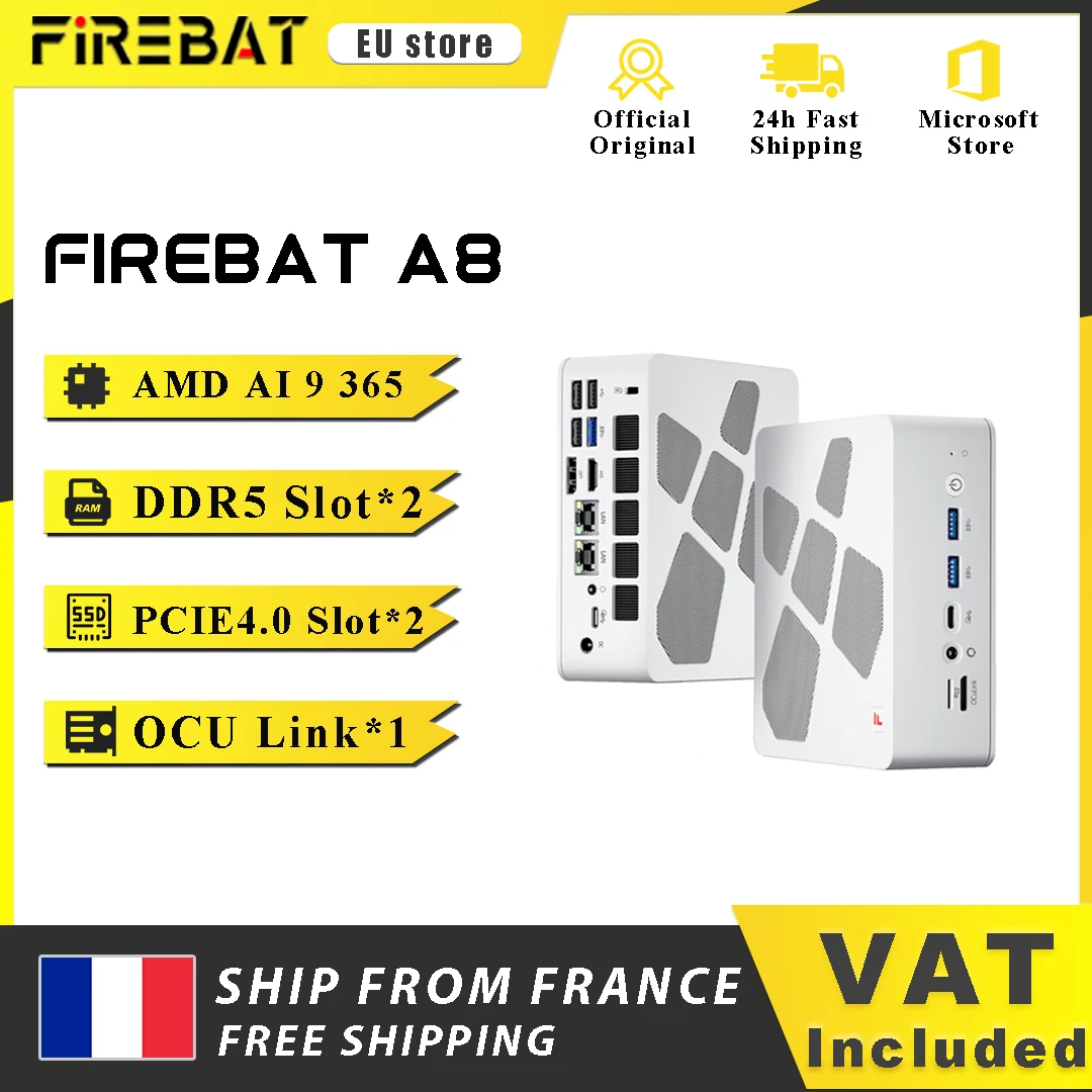 Firebat A8 Mini-PC AMD Ryzen AI 9 365 DDR5 RAM M.2 SSD USB4*2 DDR5*2 PCIe4*2 Windows11 Pro Gaming-Desktop-Computer WiFi6 OCuLink