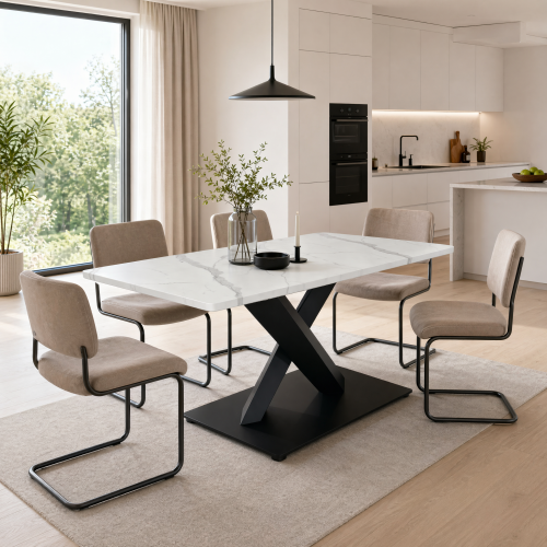 Tavolo Da Pranzo Rettangolare Moderno Per 6-8 Persone, Grande Tavolo Da Cucina Bianco Con Piano In Mdf E Base In Metallo Nero, Tavolo In Legno Con Motivo Effetto Marmo Bianco, Tavolo Da Pranzo Con Sup