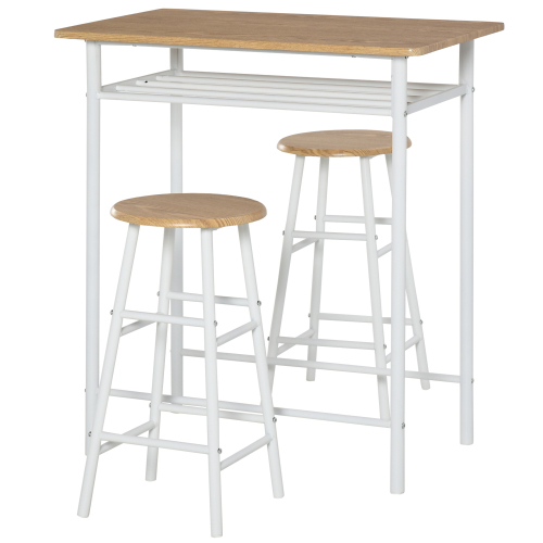 Set Da Bar Composto Da 3 Pezzi: Tavolo Da Pranzo Con 2 Sgabelli Da Bar, Tavolo E Sedie Da Cucina, Tavolo Alto E Sgabelli Da Bar Con Ripiano Contenitore, Pannello In Mdf, Acciaio, Bianco + Rovere, 80 X