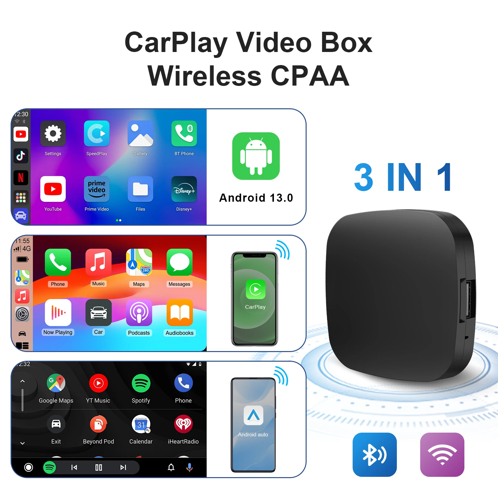 3-in-1 Android 13 CarPlay AI Box CarPlay Android Box Quad-Core mit Play Store, YouTube, Netflix, Android 4G SIM-Karte, Plug-and-Play Image