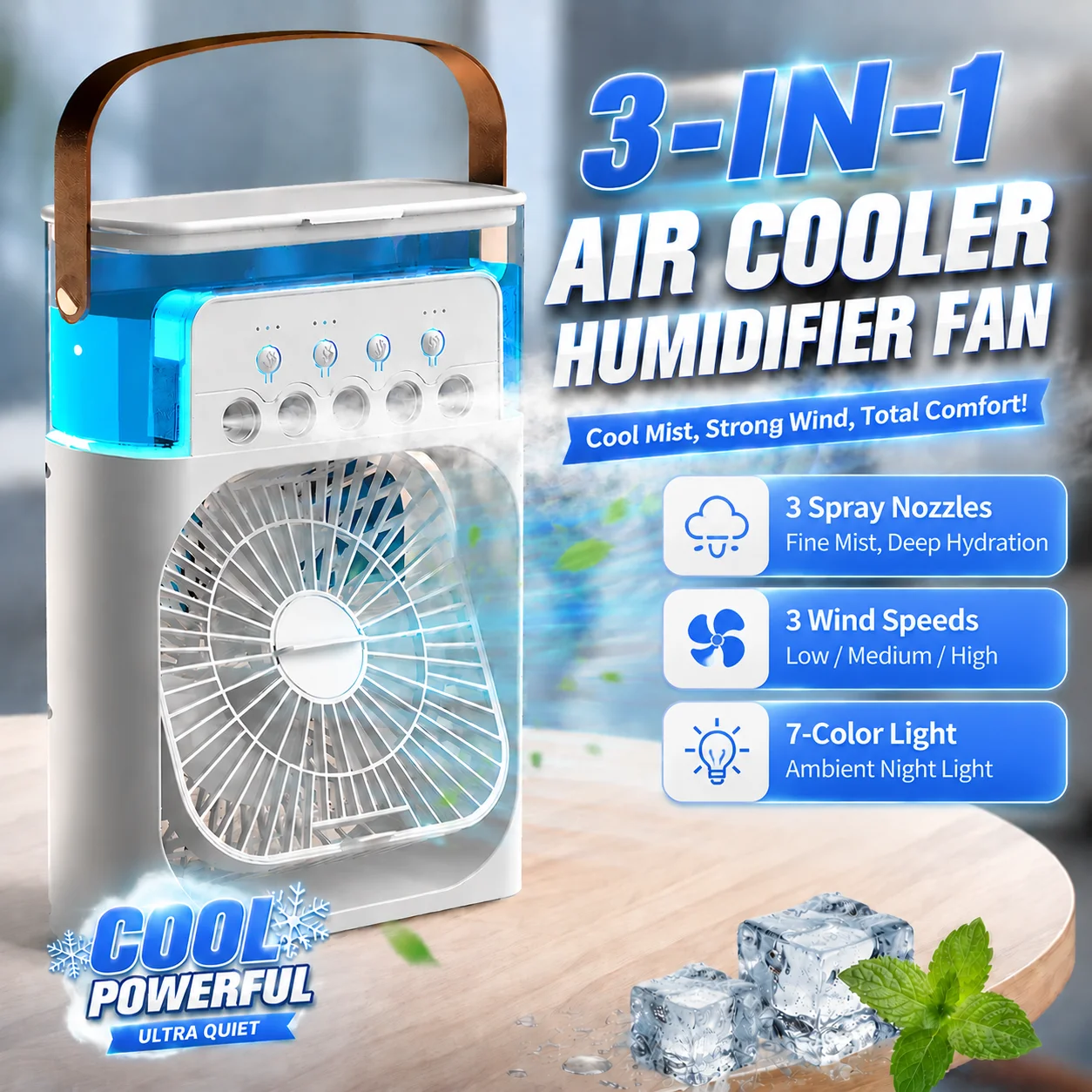 Ventilateur-climatiseur 3-en-1 avec lumière LED, humidificateur portable, ventilateur-climatiseur pour la maison et le bureau, fonction de minuterie, ventilateur de pulvérisation de bureau