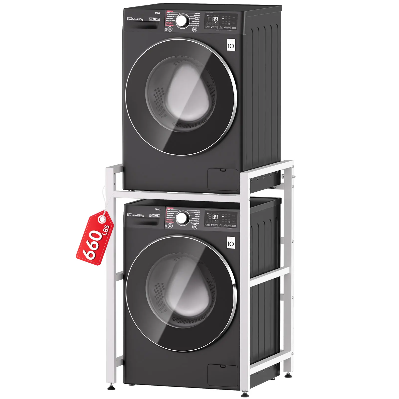 Étagère de rangement pour lave-linge à 2 niveaux, support en acier robuste pour 2 appareils électroménagers, organisateur gain de place en blanc et noir en option
